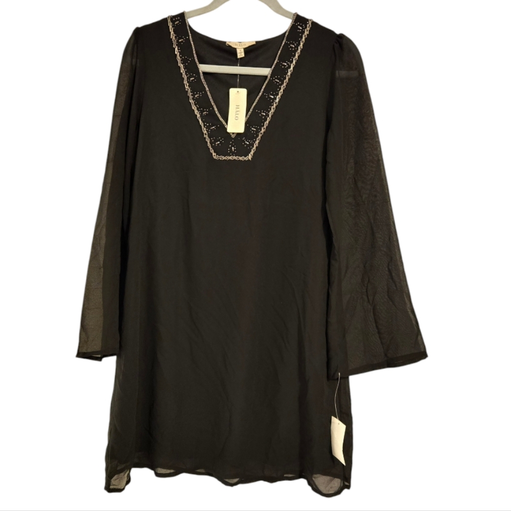 HALO Black Beaded Square Neckline Sheer Lined Flowy Tunic Women's Small NEW